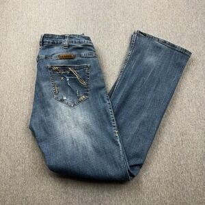 Cowgirl Tuff Happy Bootcut Jeans Womens 31x33 Blue Denim Pants‎ Embroidered